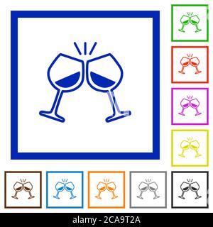 Toasting with wine flat color icons in square frames on white background Stock Vector