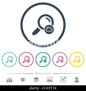 Cloud search flat color icons in round outlines. 6 bonus icons included. Stock Vector