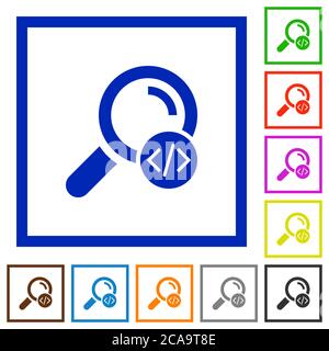 Search programming code flat color icons in square frames on white background Stock Vector