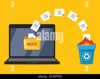 permanently deleting documents from the laptop to the trash. data burning. flat vector illustration. Stock Vector