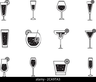 Cocktails glasses cups silhouette style set icons design, Alcohol drink bar and beverage theme Vector illustration Stock Vector