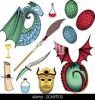 Vector set of magic icons. Dragon, dragon eggs, magic potion, harpy mask. Halberd and obsidian dagger. Illustration isolated on white background Stock Vector