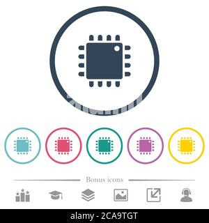 Computer processor flat color icons in round outlines. 6 bonus icons included. Stock Vector