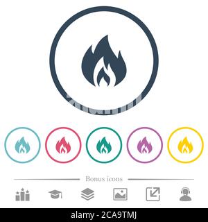 Flame flat color icons in round outlines. 6 bonus icons included. Stock Vector