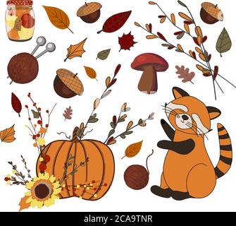 Vector set of autumn icons. Autumn composition. Stickers. Cute red panda. Pumpkin. Harvest. Thanksgiving Day. Illustration isolated on white Stock Vector