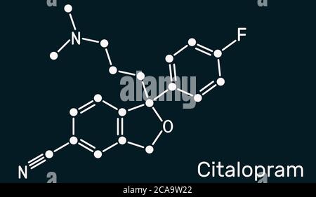 Citalopram, C20H21FN2O molecule. It is antidepressant, selective serotonin reuptake inhibitor (SSRI) class, is widely used to treat symptoms of depres Stock Photo