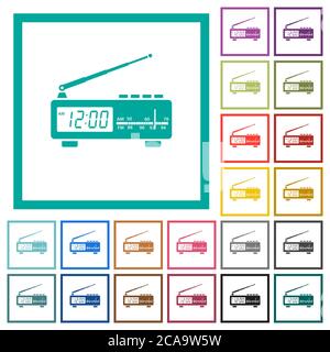 Vintage radio clock flat color icons with quadrant frames on white background Stock Vector