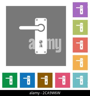 Left handed door handle with screws flat icons on simple color square backgrounds Stock Vector