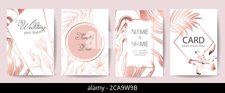 Set of wedding celebration cards with place for text. Save the date. Tropical flowers. White and rose gold colors. Vector Stock Vector