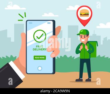 Courier delivers fast food to a customer. man holds a mobile phone and tracks delivery. flat vector illustration. Stock Vector