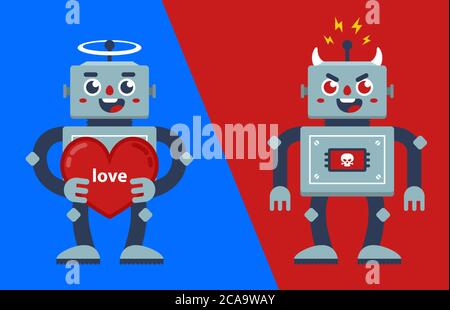 good and evil robot. Angel and demon. Flat vector characters illustration. Stock Vector