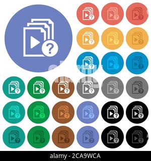 Unknown playlist multi colored flat icons on round backgrounds. Included white, light and dark icon variations for hover and active status effects, an Stock Vector
