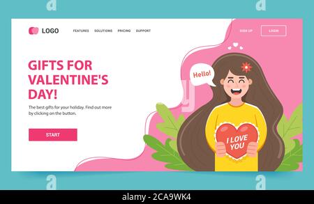 web page with a girl character who gives a postcard to her beloved person on February 14. flat vector landing illustration Stock Vector