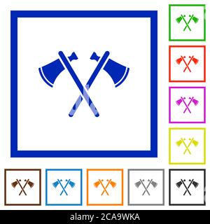 Two tomahawks flat color icons in square frames on white background Stock Vector