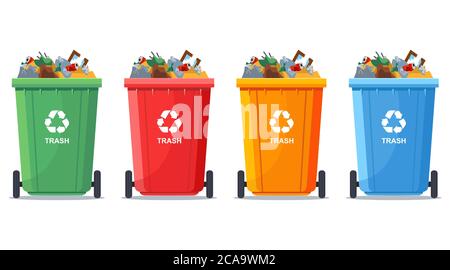 Multi-colored trash cans are full. Flat vector illustration. Stock Vector