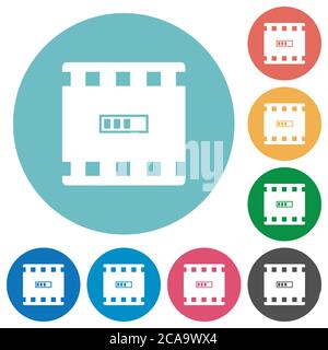 Movie processing flat white icons on round color backgrounds Stock Vector