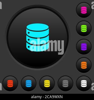 Single database dark push buttons with vivid color icons on dark grey background Stock Vector
