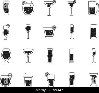 Cocktails glasses cups silhouette style bundle of icons design, Alcohol drink bar and beverage theme Vector illustration Stock Vector