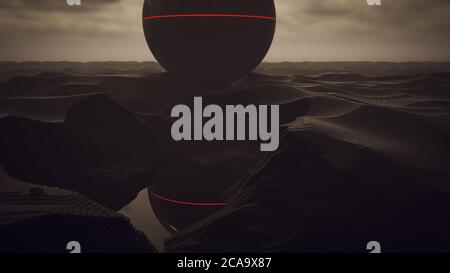 Giant Alien Sphere Black Geometric Abstract Cube Windswept Canyon Landscape with Depth Of Field and 2 Men in Hazmat Suites 3d illustration 3d render Stock Photo