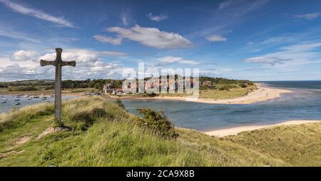 Panoramic image of Alnmouth village and St Cuthberts Cross Stock Photo