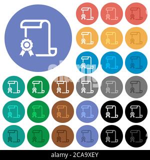 Scroll with certificate on left multi colored flat icons on round backgrounds. Included white, light and dark icon variations for hover and active sta Stock Vector