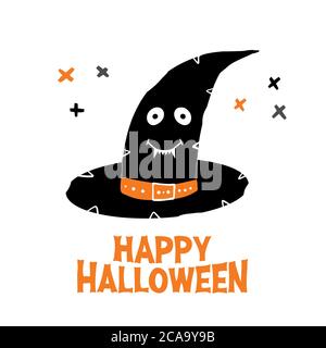 Witch hat with cute smiling face and Happy Halloween lettering and doodle cross elements. Holiday greeting card. Isolated on white background. Vector Stock Vector