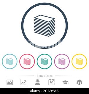 Paper stack flat color icons in round outlines. 6 bonus icons included. Stock Vector