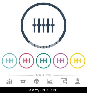 Graphical equalizer flat color icons in round outlines. 6 bonus icons included. Stock Vector
