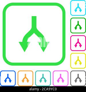 Split arrows down vivid colored flat icons in curved borders on white background Stock Vector