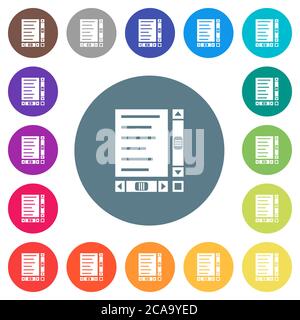 Document with content and scroll bars flat white icons on round color backgrounds. 17 background color variations are included. Stock Vector