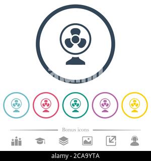 Table fan flat color icons in round outlines. 6 bonus icons included. Stock Vector