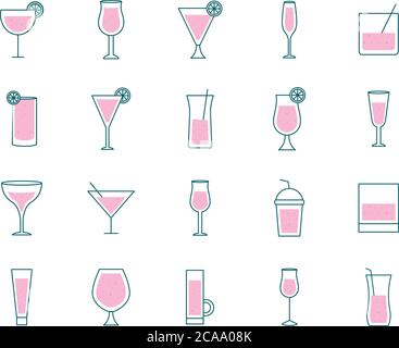 Cocktails glasses cups line and fill style icons bundle design, Alcohol drink bar and beverage theme Vector illustration Stock Vector