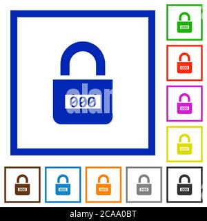 Locked combination lock with center numbers flat color icons in square frames on white background Stock Vector