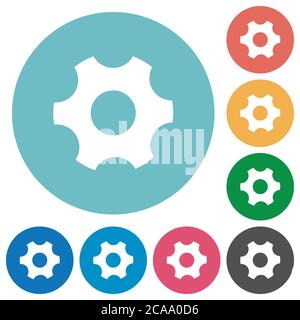 Single cogwheel flat white icons on round color backgrounds Stock Vector