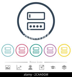 Entering login name and password flat color icons in round outlines. 6 bonus icons included. Stock Vector