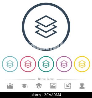 Layers flat color icons in round outlines. 6 bonus icons included. Stock Vector