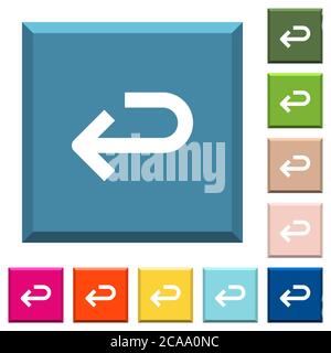 Back arrow white icons on edged square buttons in various trendy colors Stock Vector