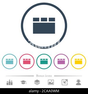 Horizontal tabbed layout flat color icons in round outlines. 6 bonus icons included. Stock Vector