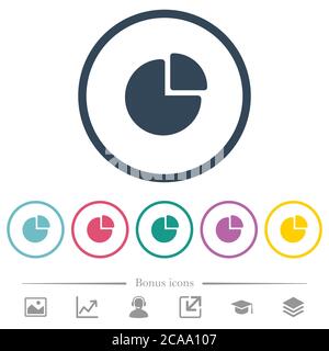 Pie chart flat color icons in round outlines. 6 bonus icons included. Stock Vector