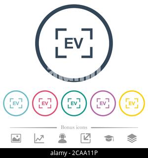 Camera exposure value setting flat color icons in round outlines. 6 bonus icons included. Stock Vector
