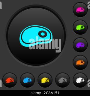 Steak dark push buttons with vivid color icons on dark grey background Stock Vector