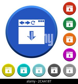 Browser scroll down round color beveled buttons with smooth surfaces and flat white icons Stock Vector