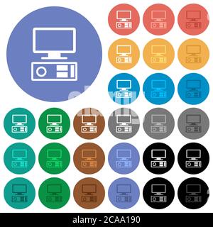 Old personal computer multi colored flat icons on round backgrounds. Included white, light and dark icon variations for hover and active status effect Stock Vector