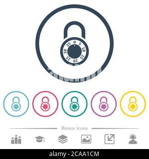 Locked round combination lock flat color icons in round outlines. 6 bonus icons included. Stock Vector