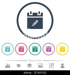 Edit schedule item flat color icons in round outlines. 6 bonus icons included. Stock Vector