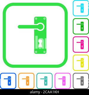 Left handed door handle with screws vivid colored flat icons in curved borders on white background Stock Vector