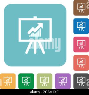 Presentation table with rising graph white flat icons on color rounded square backgrounds Stock Vector