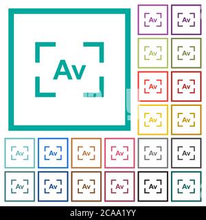 Camera aperture value mode flat color icons with quadrant frames on white background Stock Vector
