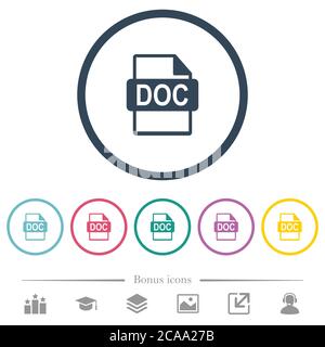 DOC file format flat color icons in round outlines. 6 bonus icons included. Stock Vector