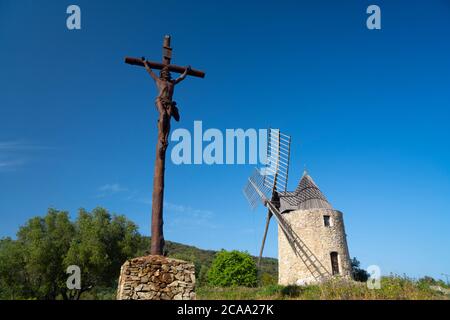 Gulf of St Tropez, Village of Grimaud, the windmill Stock Photo